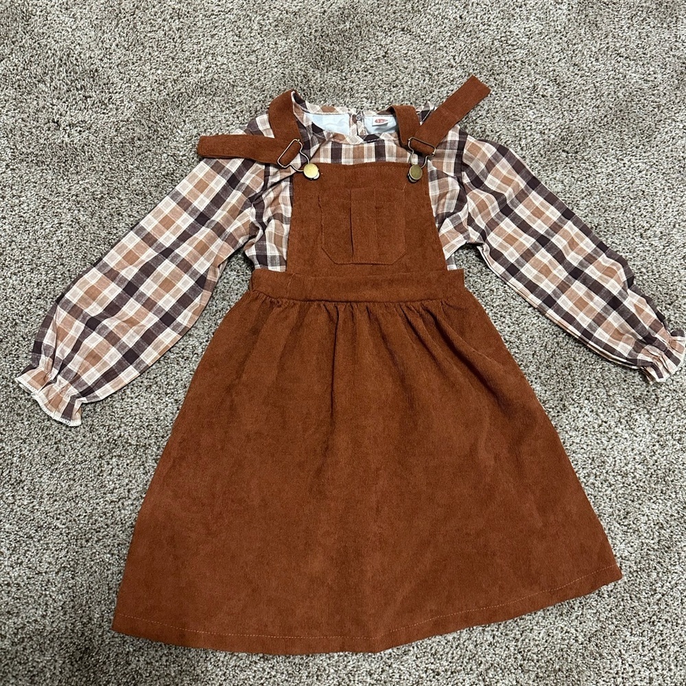 Brown Corduroy Pinafore Dress with Plaid Shirt